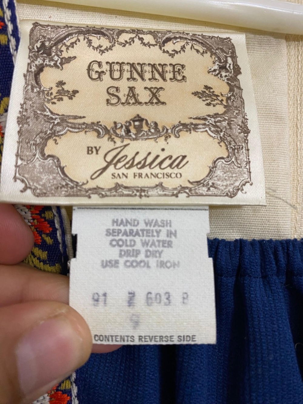 Gunne Sax Cream Maxi Dress with Navy Center Panel and Floral Trim - Picture 5 of 5